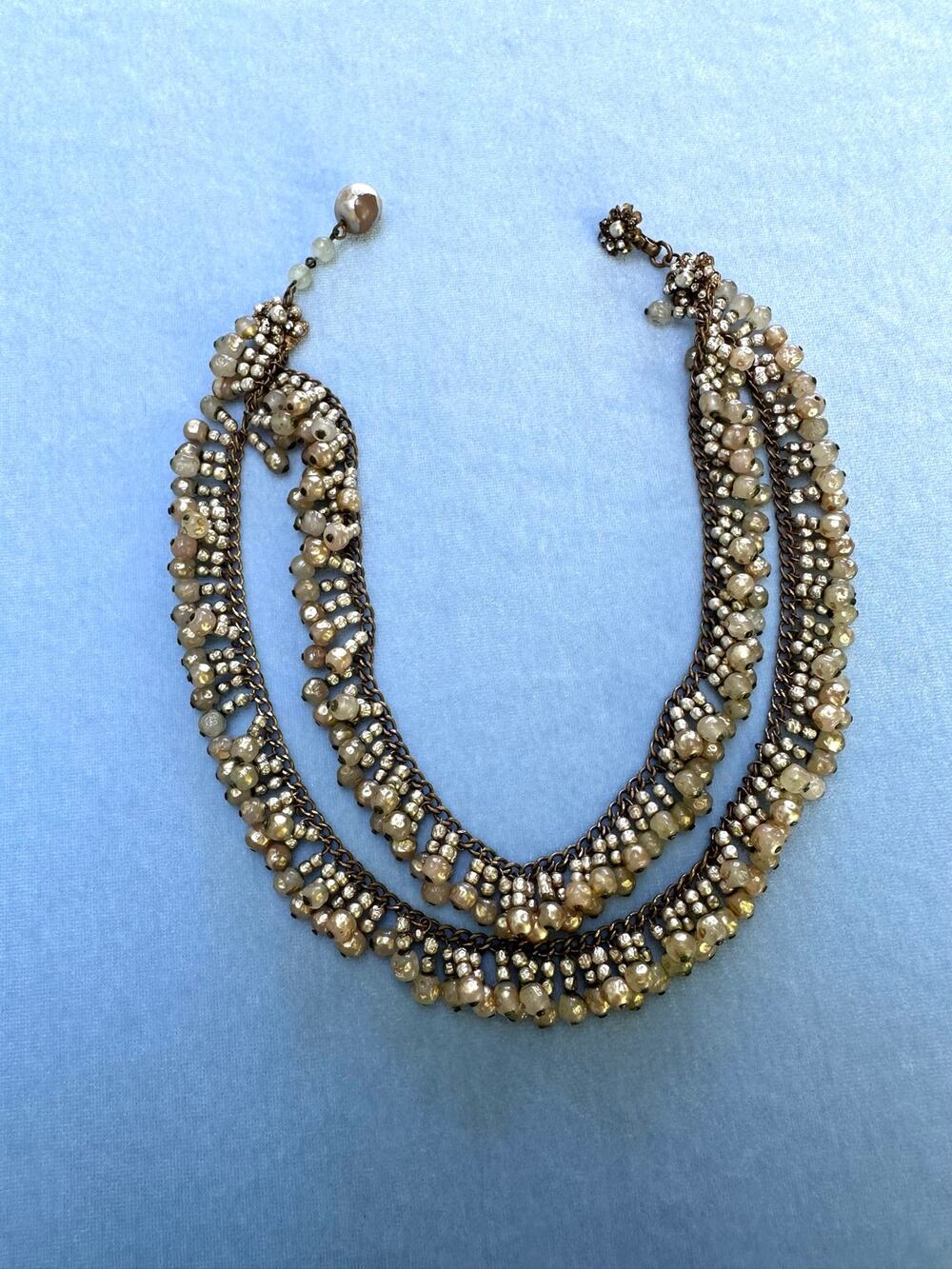 Vtg Miriam Haskell Multi Strand Choker Necklace Woven Chain Champagne Bead Sign